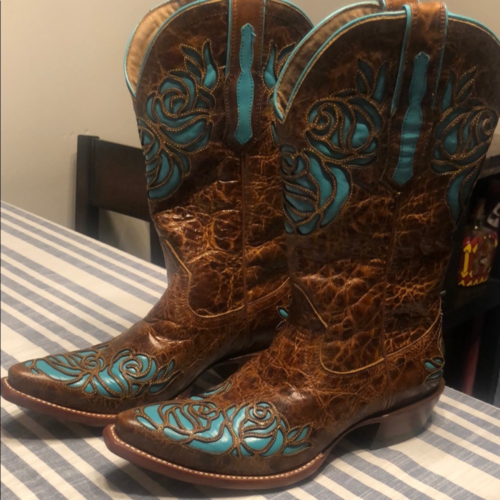 Women's Brown Leather Cowboy Boots with Turquoise Floral Inlay